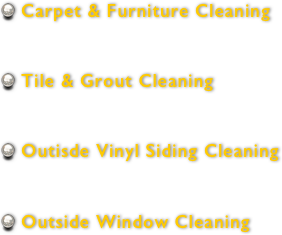  Carpet & Furniture Cleaning
 Tile & Grout Cleaning
 Outisde Vinyl Siding Cleaning
 Outside Window Cleaning